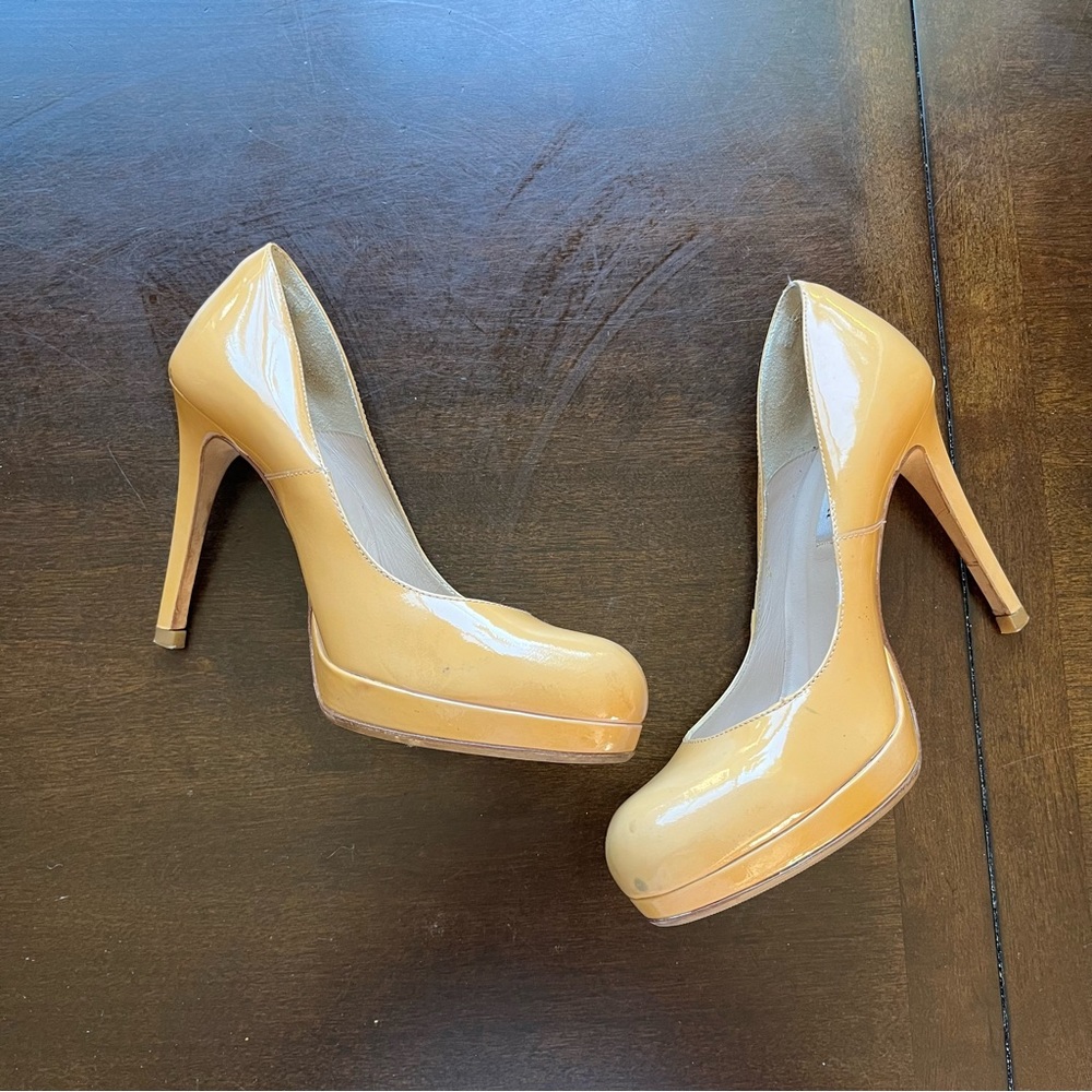 L.K Bennett Tan Patent Heel Pumps